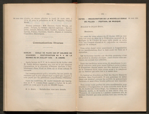 Séance ordinaire du 30 août 1933 - pages 273-337