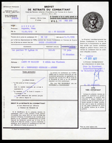 Retraite du combattant, secrétariat d'État aux anciens combattants : brevet de retraite.