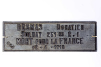 Nécropole nationale de Chattancourt au pied du Mort-Homme (Meuse), tombe de Donatien Desmas : plaque mortuaire.