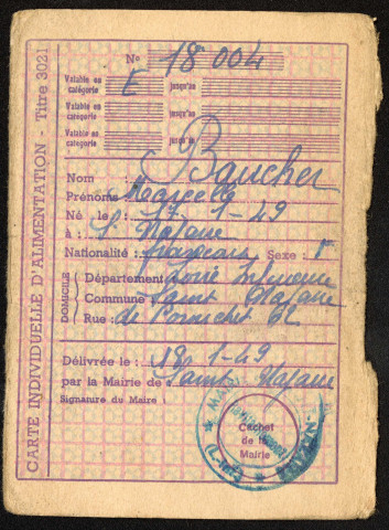 Carte individuelle d'alimentation n°18004 de Marcelle Baucher délivrée le 18/01/1949 par la mairie de Saint-Nazaire