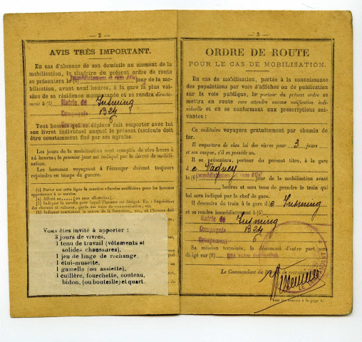 Fascicule de mobilisation du soldat Emile Guéry