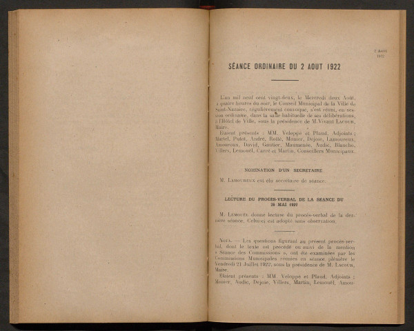 Séance ordinaire du 2 août 1922 - pages 213-310