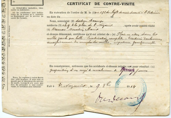 Congé de convalescence délivré par l'Hôpital Auxilaire n°6 de Saint-Nazaire à Donatien Delmas