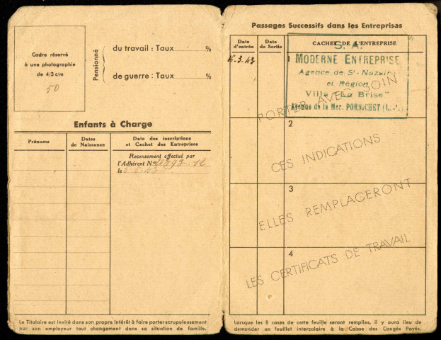 Faux papiers, activité professionnelle : fausse carte d'immatriculation, Caisse des congés payés du bâtiment, avec cachet de l'entreprise "La Moderne entreprise", agence de Saint-Nazaire.