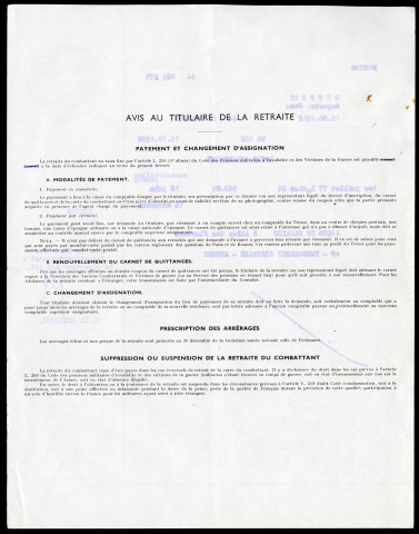 Retraite du combattant, secrétariat d'État aux anciens combattants : brevet de retraite.