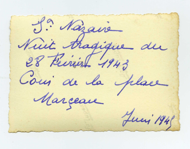 Pierre Toussaint sur les ruines d'un bâtiment situé au coin de la Place Marceau détruit au cours des bombardements du 28 février 1943 (d'après note au dos de la photographie).