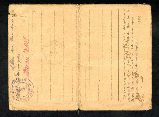 Carte de sinistré d'Alphonse Jagot délivrée le 28 octobre 1943