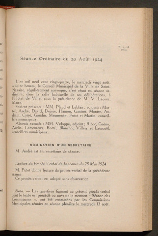 Séance ordinaire du 20 août 1924 - pages 181-269