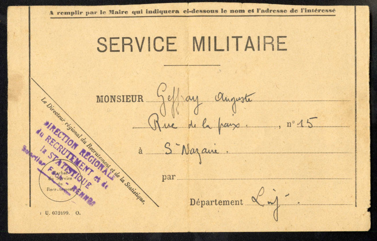 Service militaire : récépissé de déclaration de charges de famille, Direction régionale du recrutement et de la statistique, Rennes.