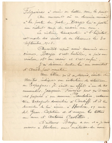Deux courriers du Tribunal de première instance de Saint-Nazaire-sur-Loire, cabinet du juge d'instruction à destination du consul d'Espagne à Saint-Nazaire concernant le meurtre d'un Espagnol commis à Saint-Nazaire le 23 septembre 1915 par un Espagnol.