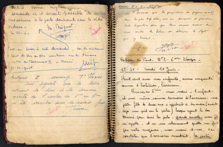 Cahier de réclamations et d'entretien : doléances manuscrites des locataires des bâtiments 1 et 2 du Building