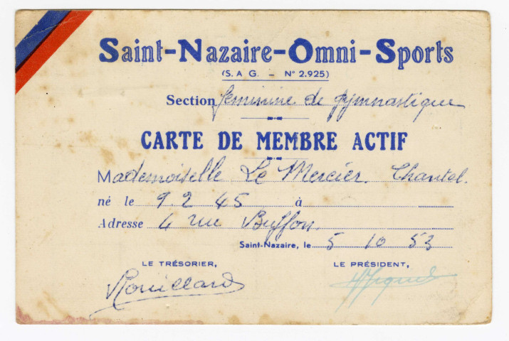 Carte de membre actif de Chantal Le Mercier (recto-verso): cotisations par années et par trimestre