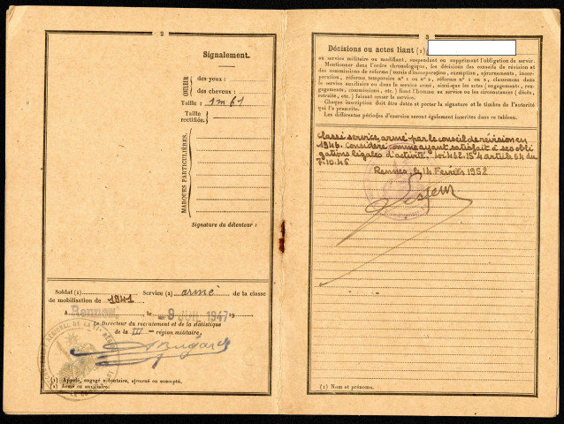 Livret individuel du Ministère de la Guerre classe 1941, du 9 juillet 1947, "classé service armé".