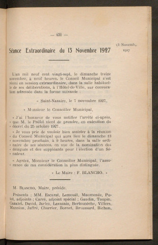 Séance extraordinaire du 13 novembre 1927 - pages 431-434