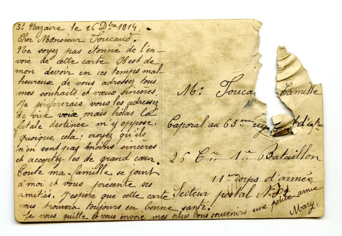 Carte de bonne année adressée à Joseph-Camille Foucaud par son amie Mary, 26 décembre 1914