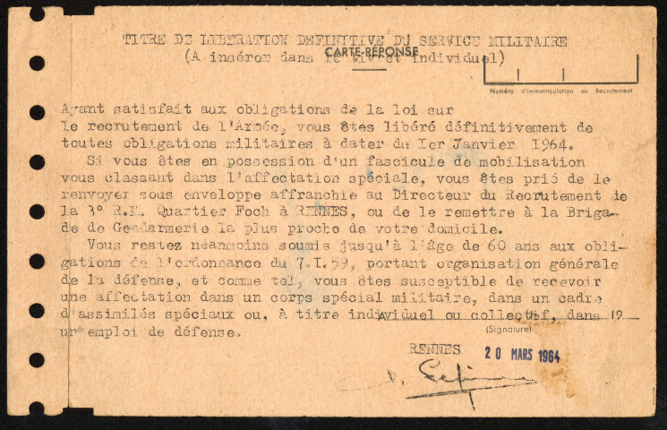 Titre de libération définitive du service militaire d'un réserviste classe 1941 matricule 44 15 877 du 20 mars 1964