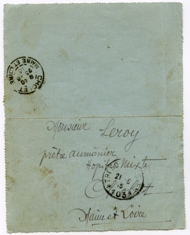 Lettre du capitaine de la compagnie de Donatien Delmas adressée à Monsieur Leroy prêtre aumônier de l'hôpital mixte de Cholet