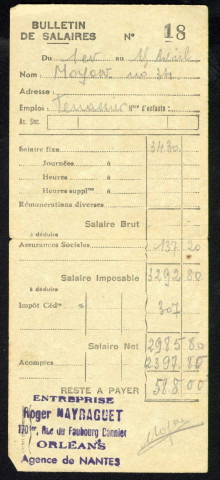 Activité professionnelle : bulletin de salaire délivré par l'entreprise Mayraguet, agence de Nantes.