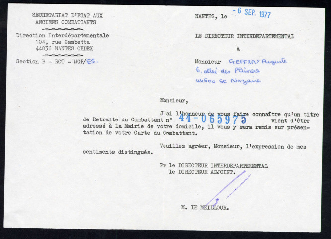 Retraite du combattant, secrétariat d'État aux anciens combattants : titre de retraite.