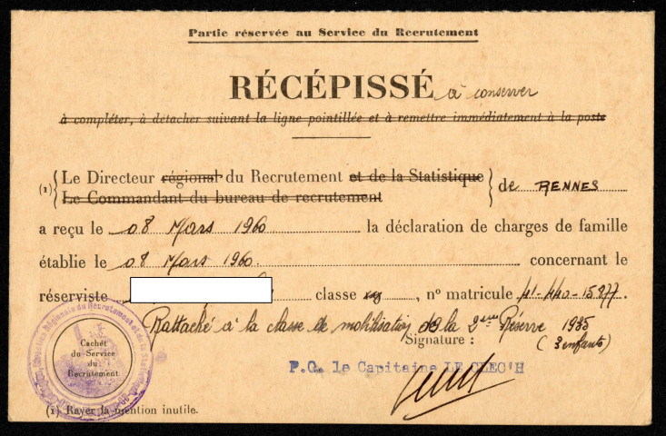 Récépissé d'un réserviste classe 1941 matricule 44 15 877 concernant la déclaration de charges de famille pour le service militaire