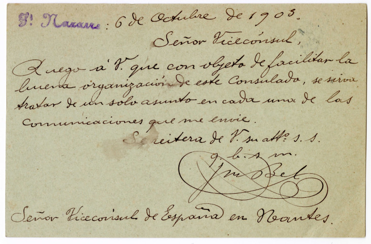 Carte postale adressée au vice-consul d'Espagne à Nantes le 6 octobre 1903
