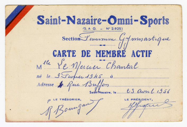 Carte de membre actif de Chantal Le Mercier (recto-verso): cotisations par années et par trimestre