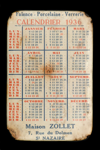 Communication commerciale, objets publicitaires : calendrier de l'année 1936 (au verso une petite glace) de la maison Zollet 7 rue du Dolmen à Saint-Nazaire, 6 cartes de jeux de différentes couleurs et 1 carte carré grise (sûrement l'emballage du jeux) de la maison Zollet [1949-1954], thermomètre de la maison Zollet rue d'Anjou à Saint-Nazaire [1955-1976].