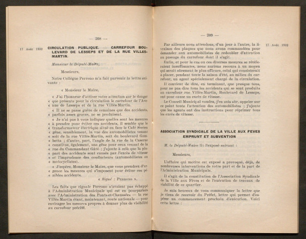 Séance ordinaire du 17 août 1932 - pages 205-317