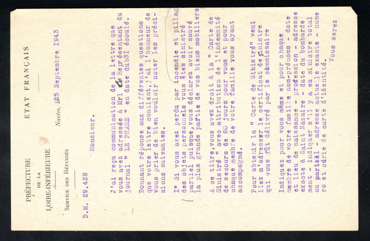 Préfecture de Loire-Inférieure, Service des réfugiés : correspondance concernant la situation de réfugié.