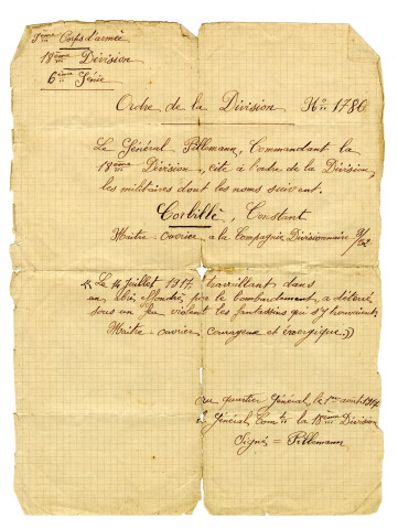 Citation de Constant Corbillé à l'ordre de la 18ème division du Génie