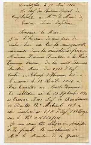 Avis de décès de Donatien Delmas adressé à au Maire de Crossac