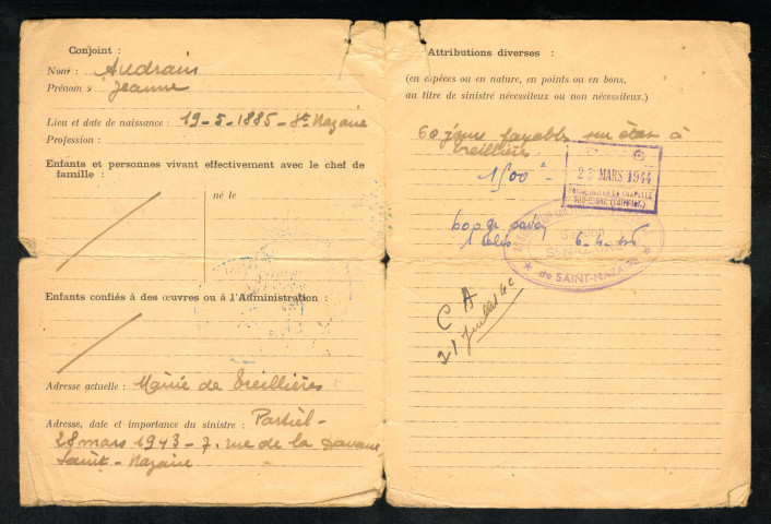 Carte de sinistré d'Alphonse Jagot délivrée le 28 octobre 1943