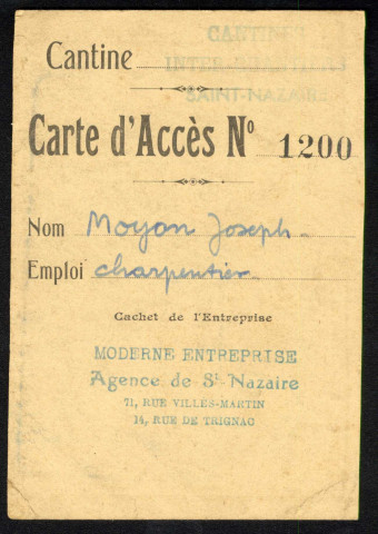 Faux papiers, activité professionnelle : carte d'accès à la cantine, cachet de "La Moderne entreprise", agence de Saint-Nazaire.