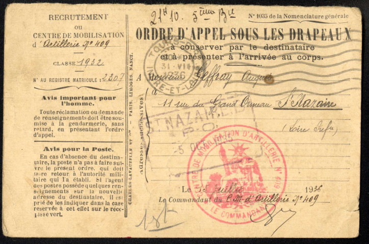 Service militaire, en tant que réserviste : ordre d'appel sous les drapeaux pour une période d'exercices de 14 jours au 404e régiment de DCA, Tours.