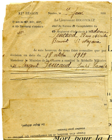 Attribution de la médaille militaire à Joseph Camille Foucaud, 9 juin 1920
