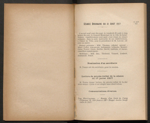 Séance ordinaire du 31 août 1917 - pages 203-280