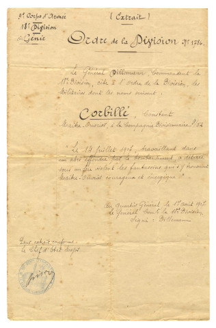 Citation de Constant Corbillé à l'ordre de la 18ème division du Génie