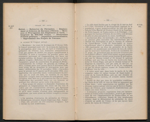 Séance ordinaire du mardi 29 août 1911 - pages 229-384