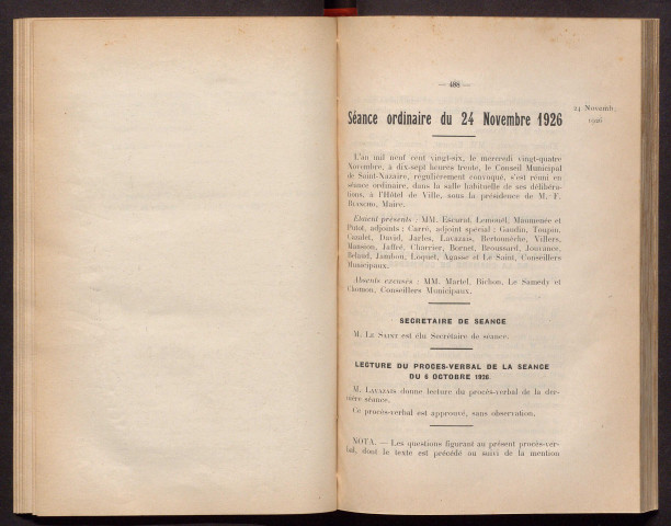 Séance ordinaire du 24 novembre 1926 - pages 488-577