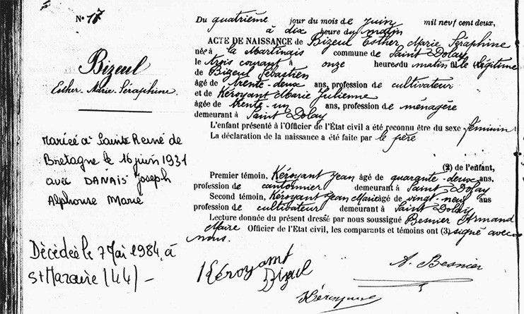 Acte de naissance d'Esther Bizeul, extrait du registre des naissances 1897/1902 Saint-Dolay (Morbihan, France)