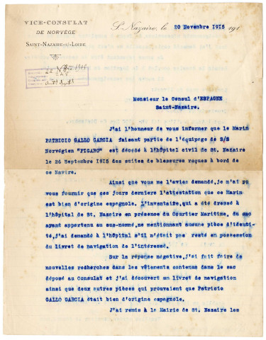 Courrier rédigé par le vice-consul de Norvège à Saint-Nazaire à destination du consul d'Espagne à Saint-Nazaire informant du décès d'un marin espagnol de l'équipage d'un navire norvégien, décédé à l'hôpital de Saint-Nazaire
