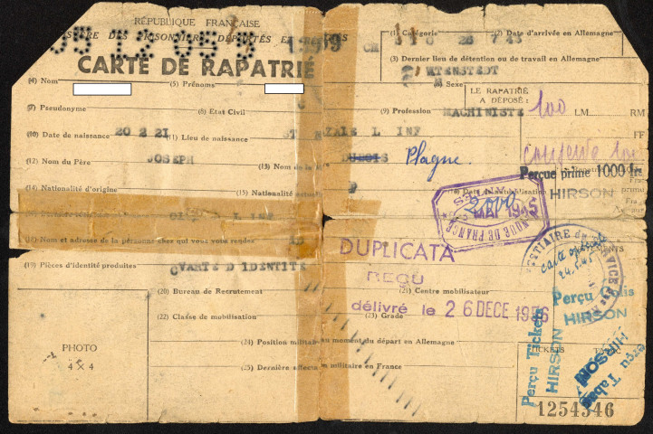 Carte de rapatrié (titre provisoire d'identité) au titre de STO, d'un machiniste, délivrée par le Ministère des prisonniers, déportés et réfugiés