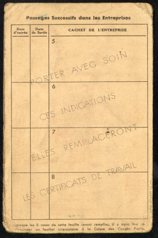 Faux papiers, activité professionnelle : fausse carte d'immatriculation, Caisse des congés payés du bâtiment, avec cachet de l'entreprise "La Moderne entreprise", agence de Saint-Nazaire.