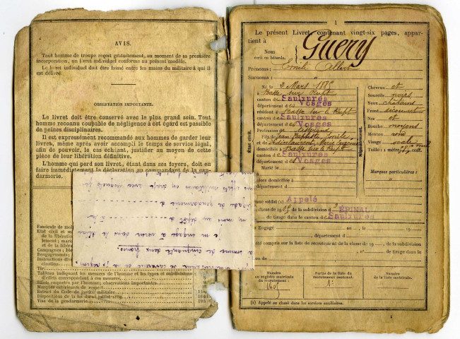 Livret militaire du soldat Emile Guéry