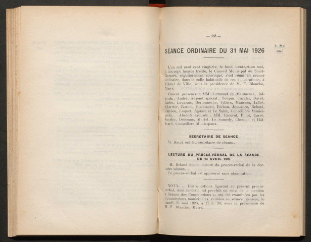 Séance ordinaire du 31 mai 1926 - pages 158-233