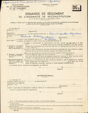 Demande de règlement de l'indemnité de reconstitution.