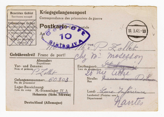 2 correspondances de la part de Pierre Zollet fils à ses parents 26 rue Littré à Nantes : carte postale