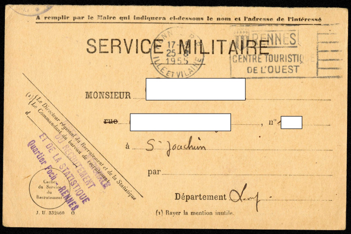 Récépissé d'un réserviste classe 1941 matricule 44 15 877 concernant la déclaration de charges de famille pour le service militaire