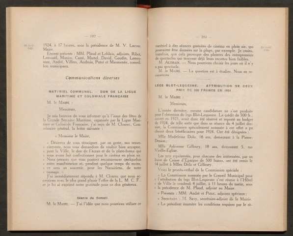 Séance ordinaire du 20 août 1924 - pages 181-269