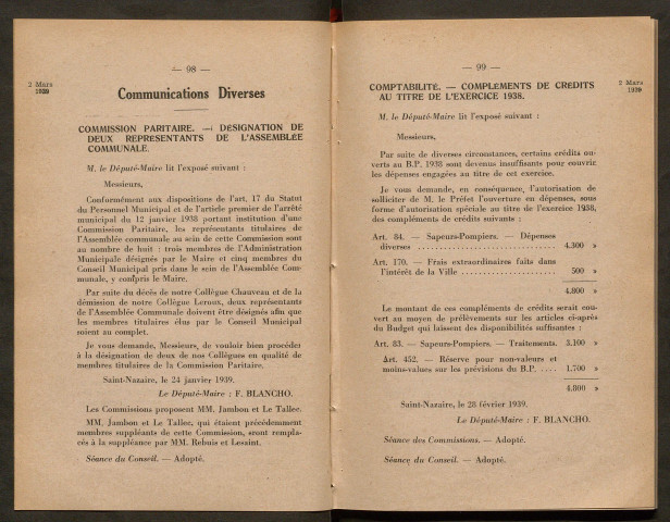Séance du Conseil Municipal du 2 mars 1939 - pages 95-155